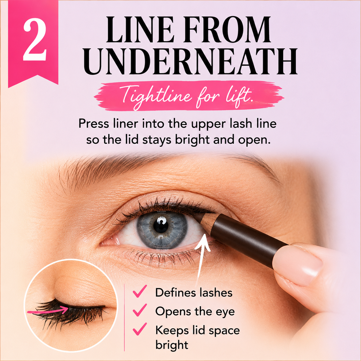 Diagram: tightline the upper lash line from underneath to keep the lid bright and open