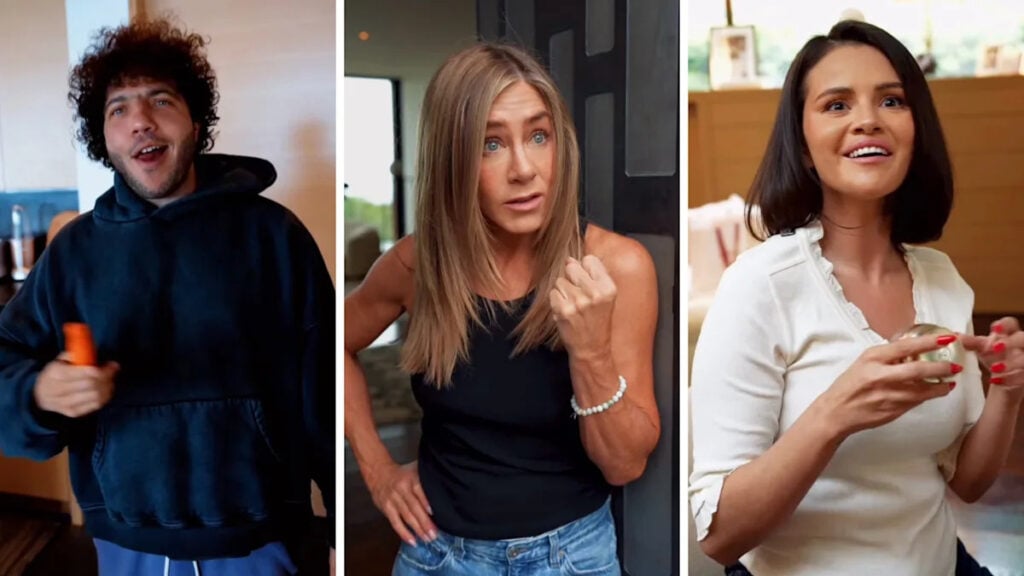 Benny Blanco, Jennifer Aniston, and Selena Gomez in stills from Aniston's Instagram video