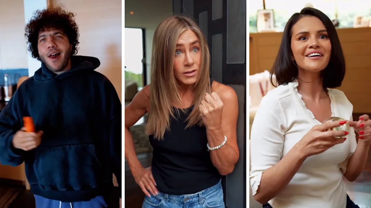 Benny Blanco, Jennifer Aniston, and Selena Gomez in stills from Aniston's Instagram video for LolaVie and Rare Beauty