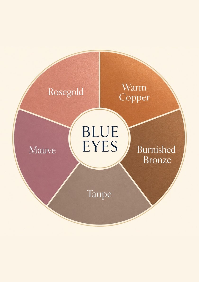 Color wheel of the best eyeshadow shade families for blue eyes: rosegold, warm copper, burnished bronze, taupe, and mauve