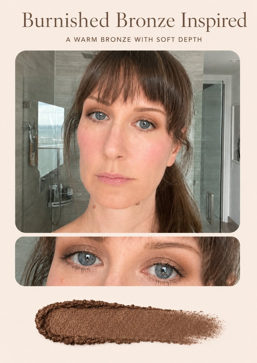Burnished bronze eyeshadow virtually tried on blue eyes, with shade swatch