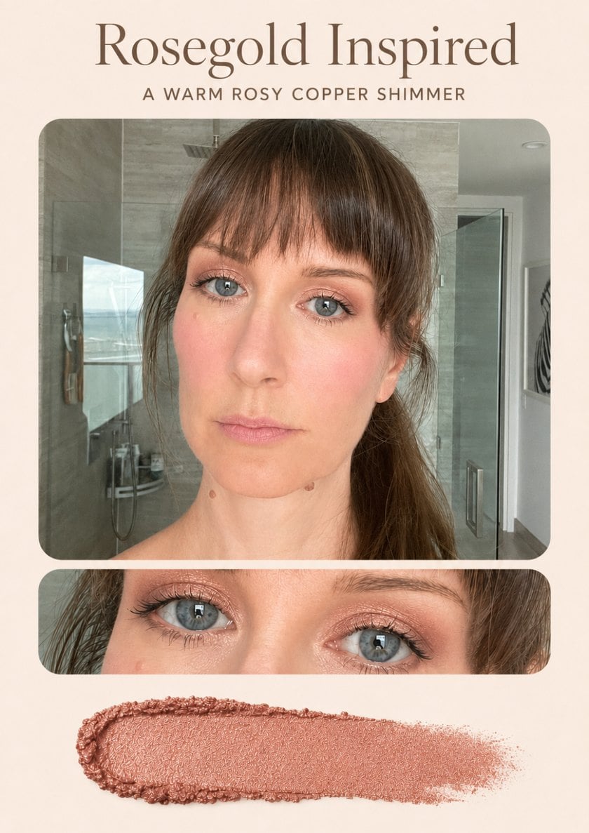 Rosegold eyeshadow virtually tried on blue eyes, with shade swatch