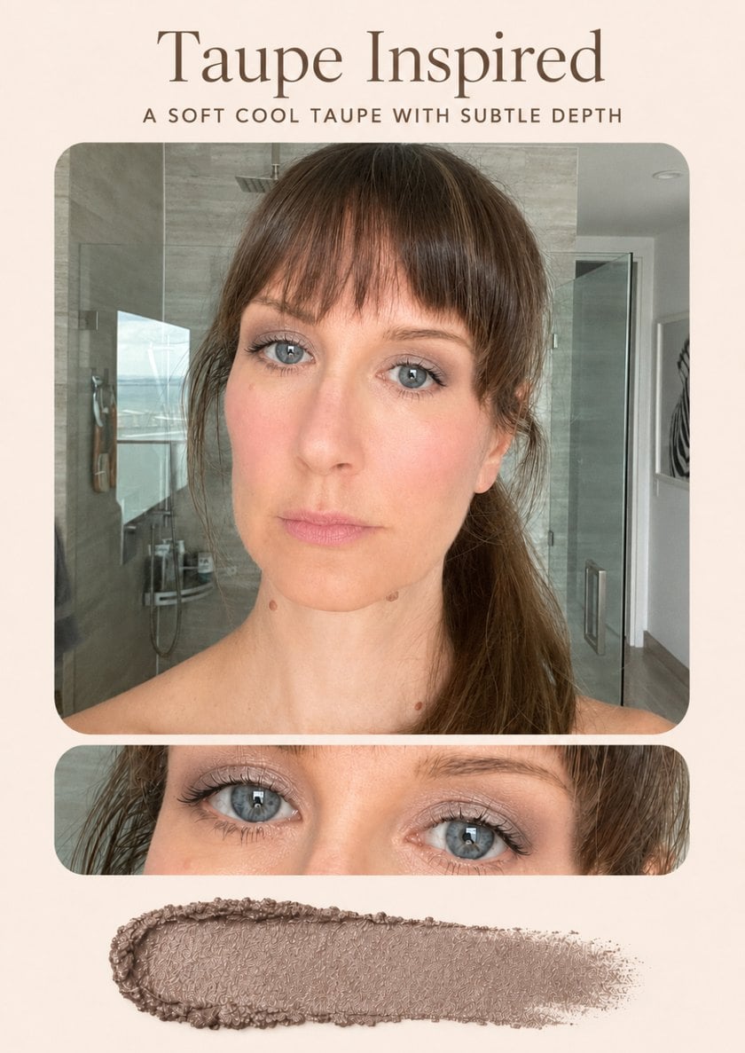 Taupe eyeshadow virtually tried on blue eyes, with shade swatch