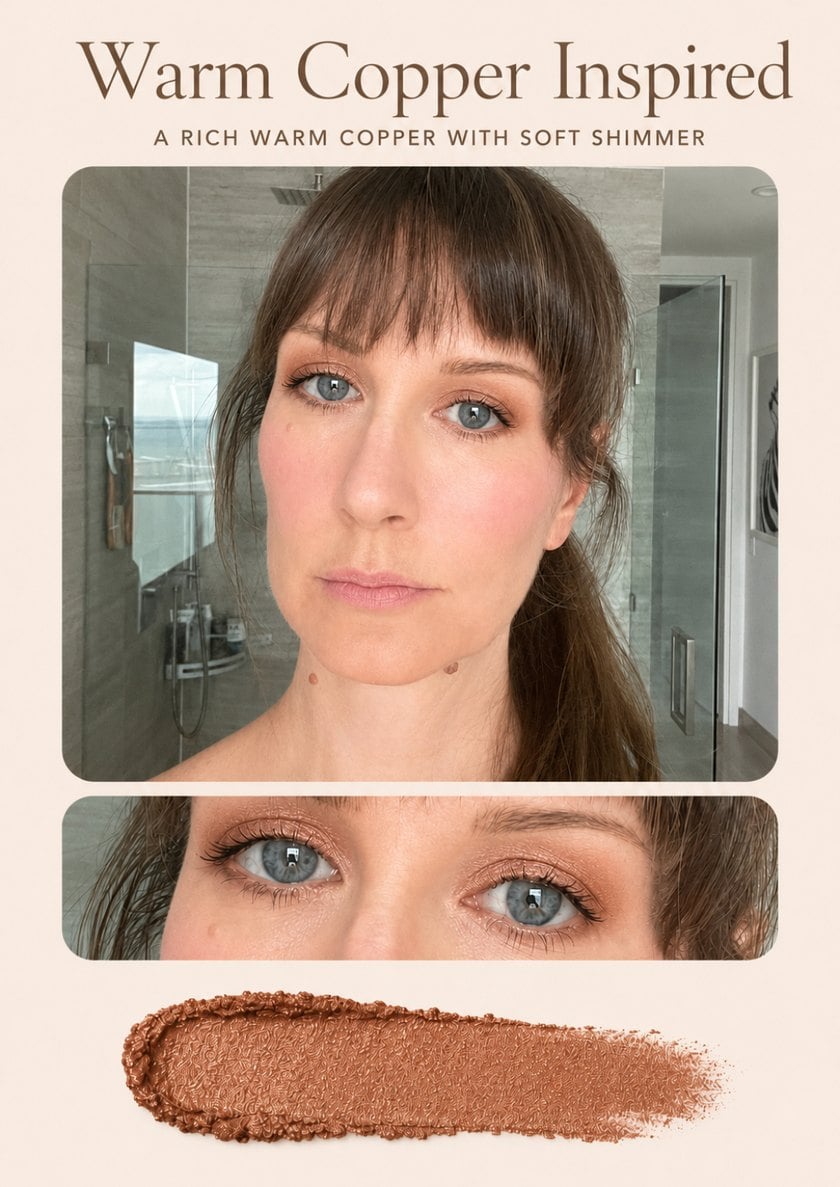 Warm copper eyeshadow virtually tried on blue eyes, with shade swatch
