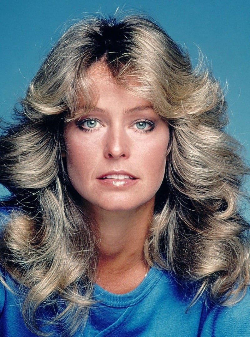 Farrah Fawcett with her feathered 1970s hairstyle