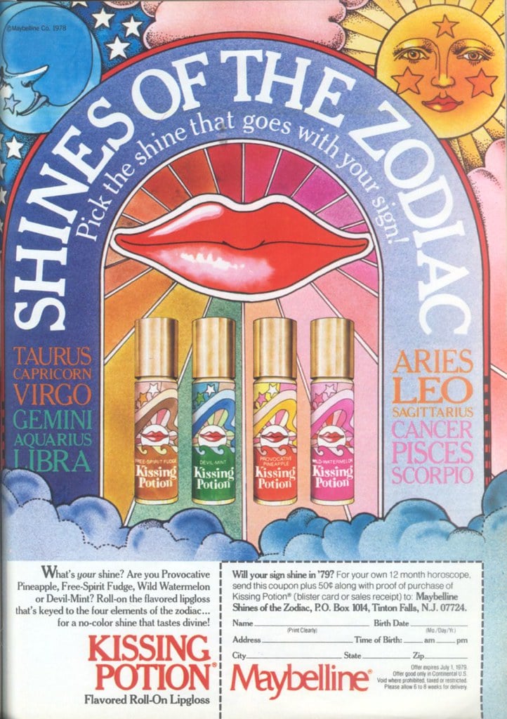 1978 Maybelline Kissing Potion magazine ad, Shines of the Zodiac