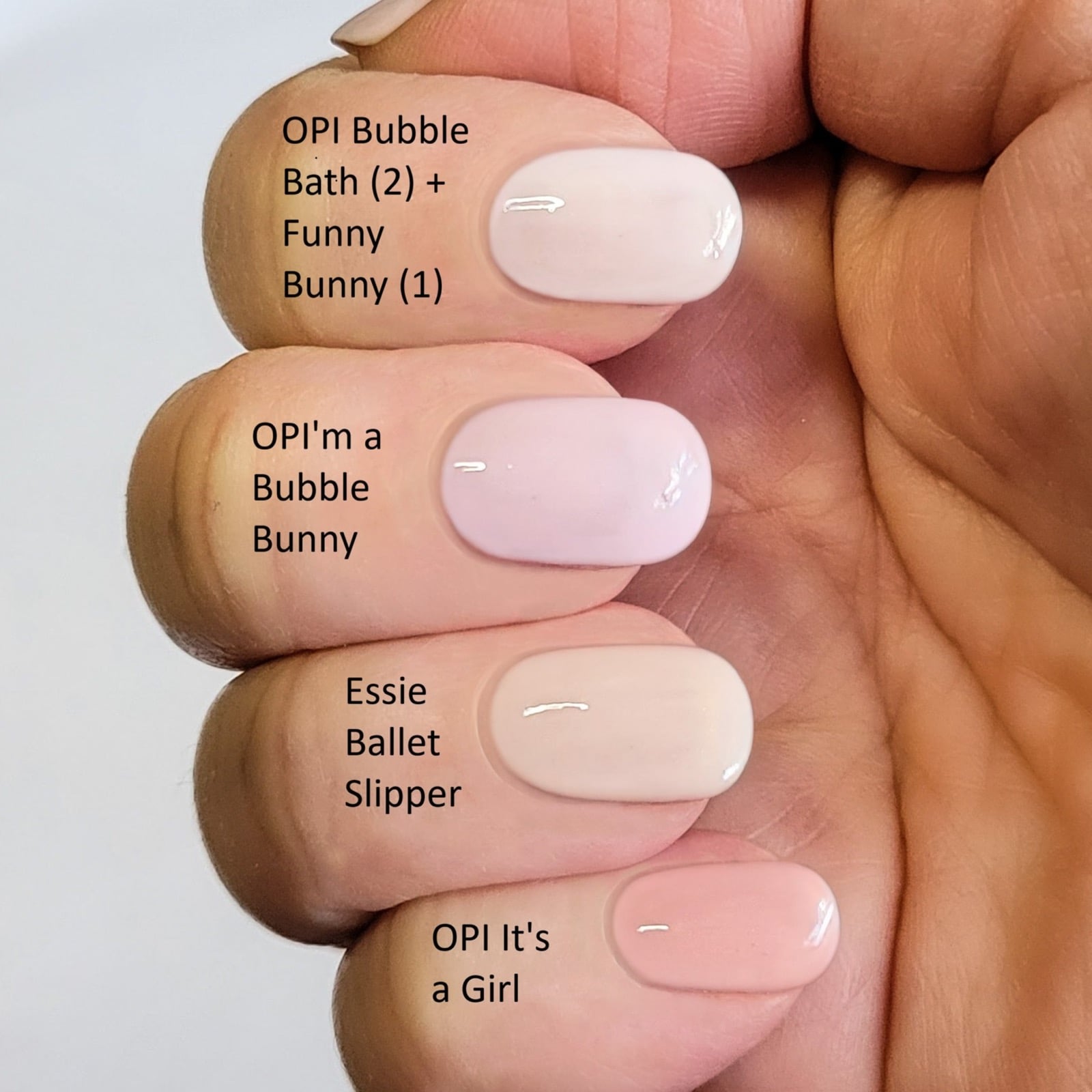 OPI Bubble Bath, OPI'm a Bubble Bunny, essie Ballet Slipper, and OPI It's a Girl swatched on fair skin