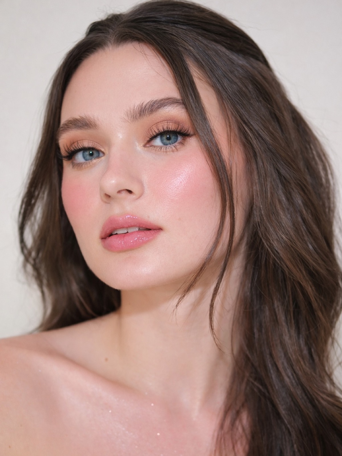 Soft romantic rose makeup look with flushed cheeks, rosy satin eyes, and a soft rose lip