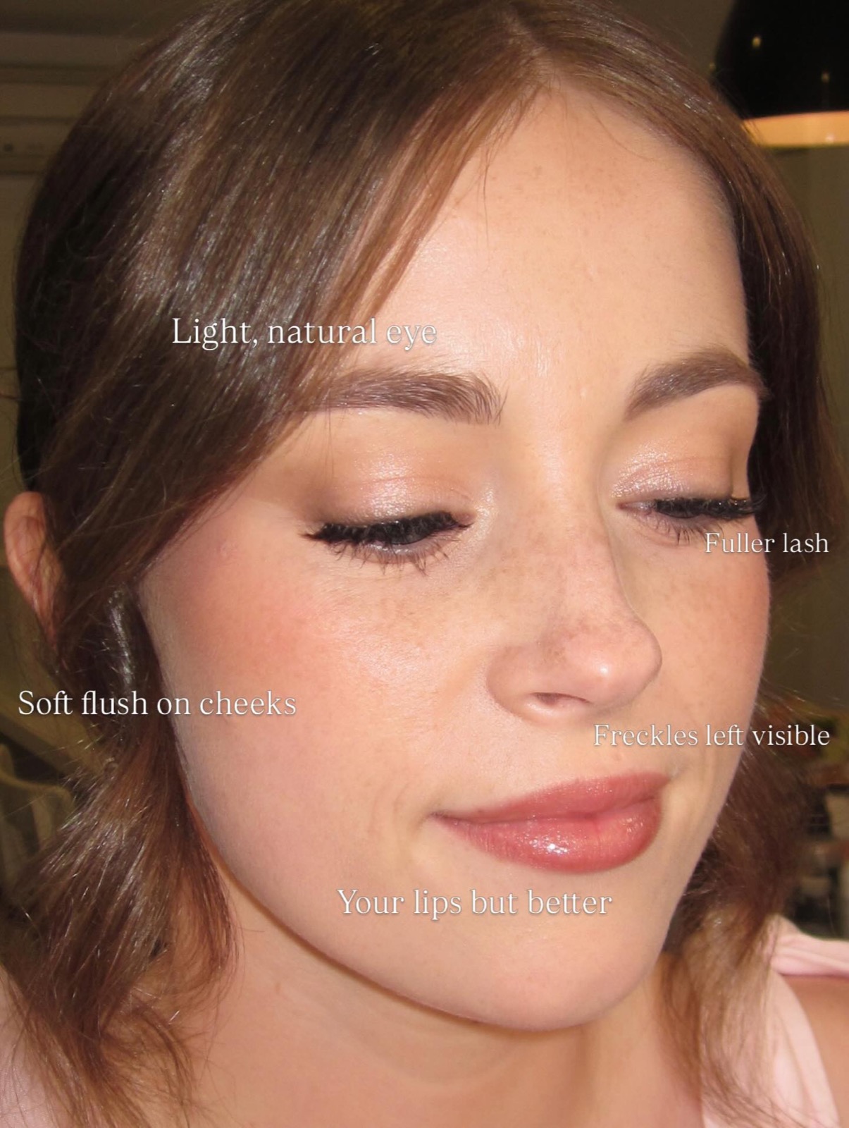 Soft rose makeup look with annotations: light natural eye, fuller lash, soft flush on the cheeks, freckles left visible, and a your-lips-but-better rose lip