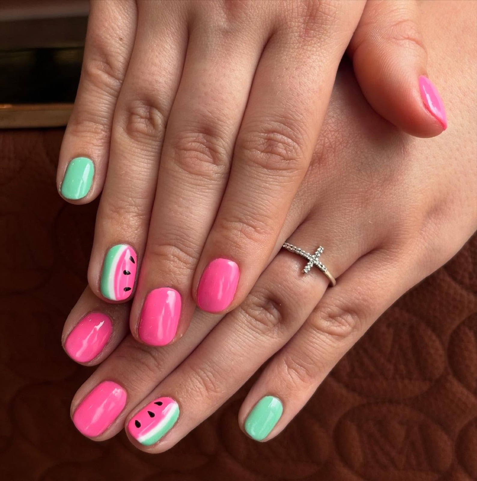 Watermelon pink and mint green summer manicure