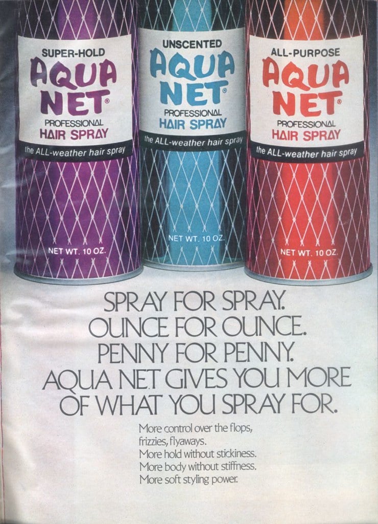 Vintage Aqua Net hairspray magazine ad with three cans